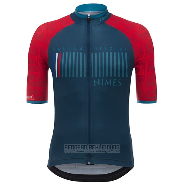 2017 Fahrradbekleidung Nimes Vuelta Espana Blau und Rot Trikot Kurzarm und Tragerhose - zum Schließen ins Bild klicken